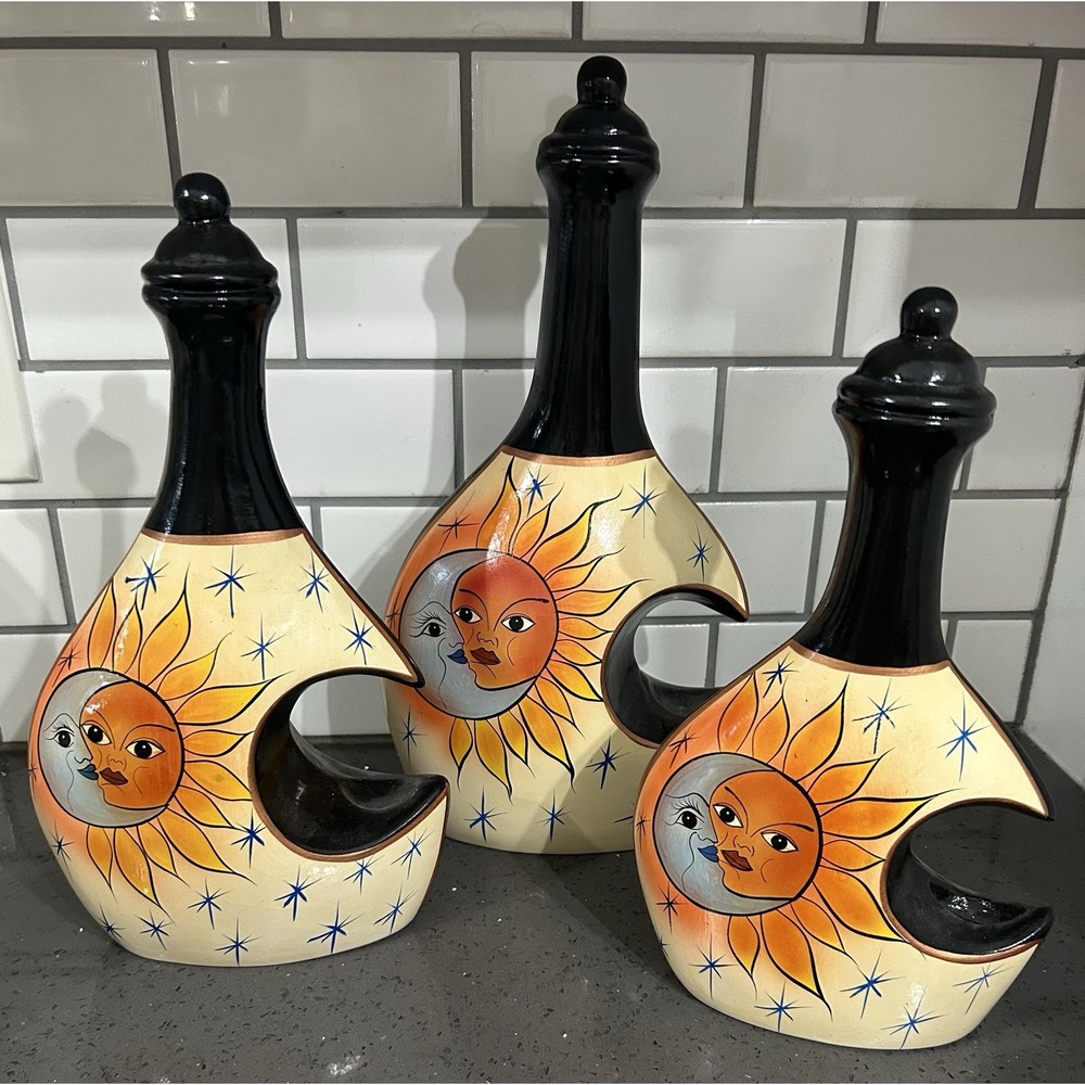 Set of 3 Celestial Sun & Moon Black Yellow‎ Decorative Jars Pitchers Bottles